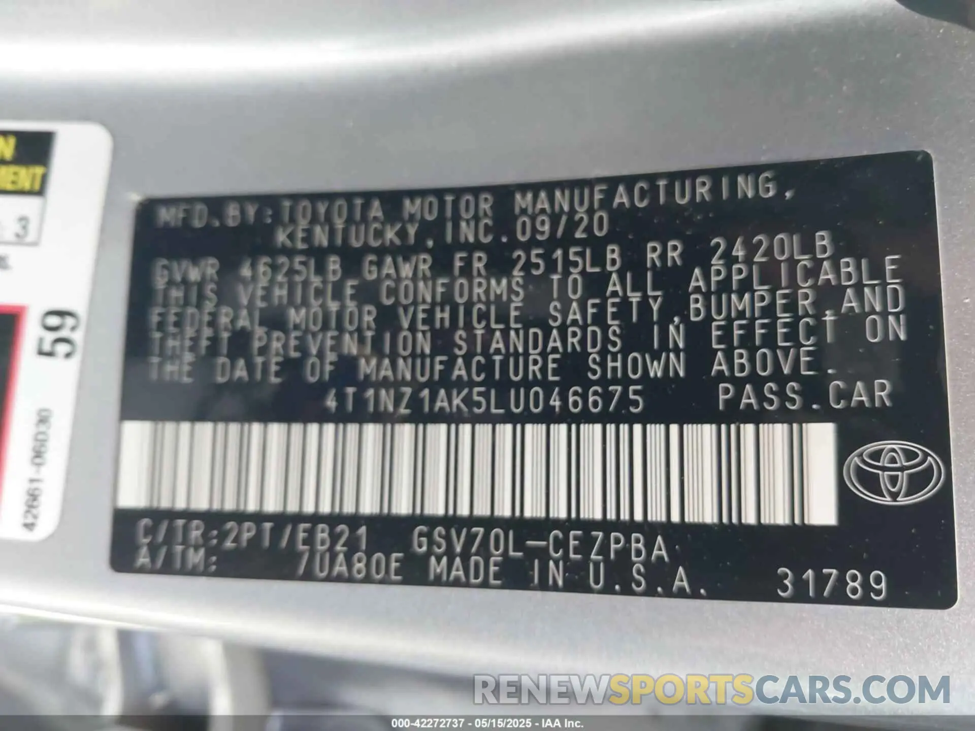 9 Photograph of a damaged car 4T1NZ1AK5LU046675 TOYOTA CAMRY 2020