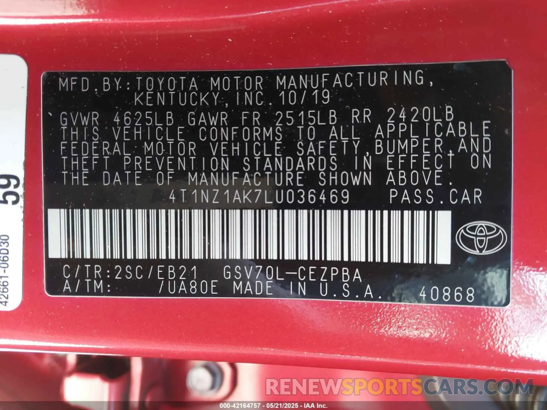 9 Photograph of a damaged car 4T1NZ1AK7LU036469 TOYOTA CAMRY 2020