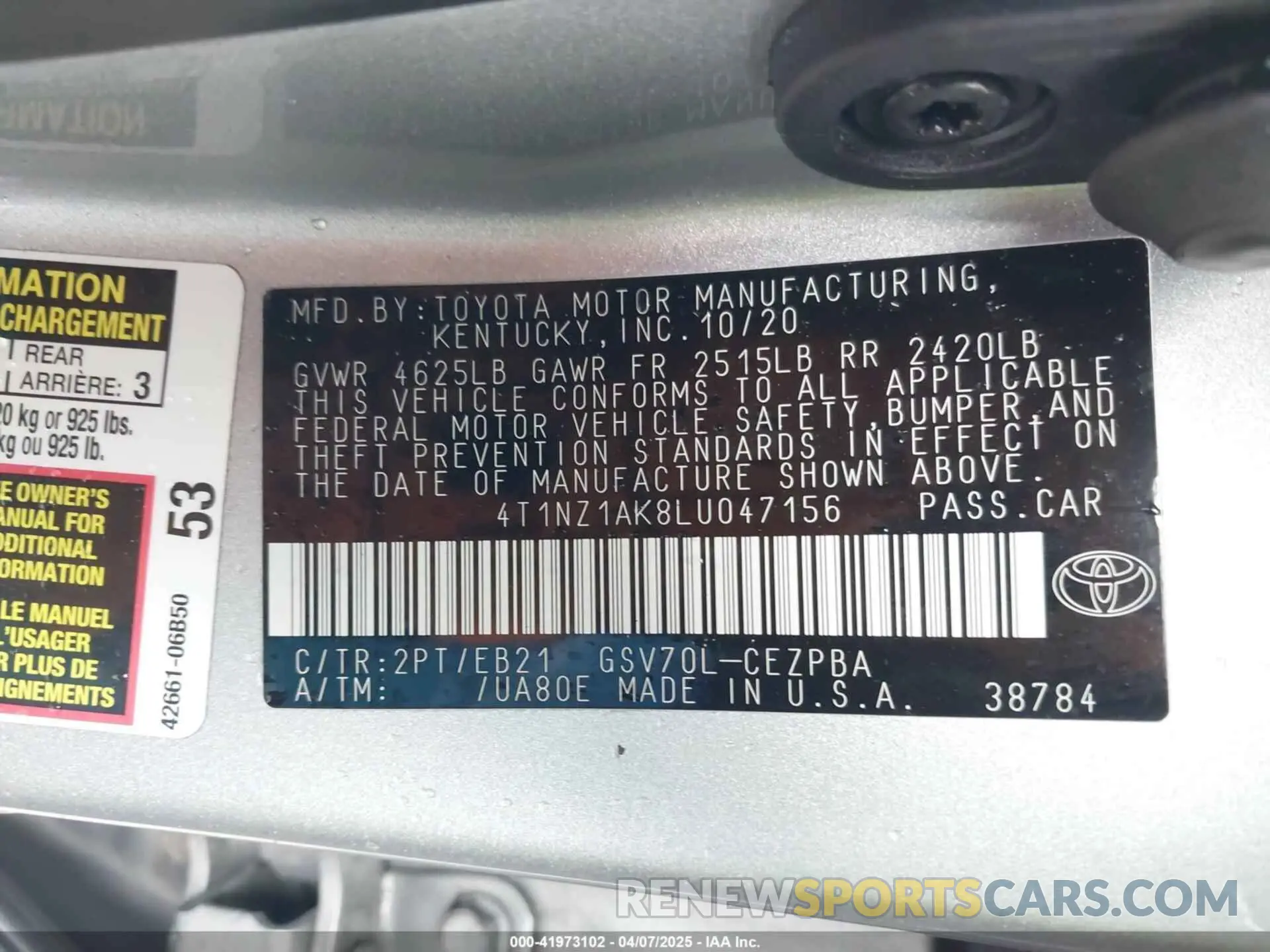 9 Photograph of a damaged car 4T1NZ1AK8LU047156 TOYOTA CAMRY 2020