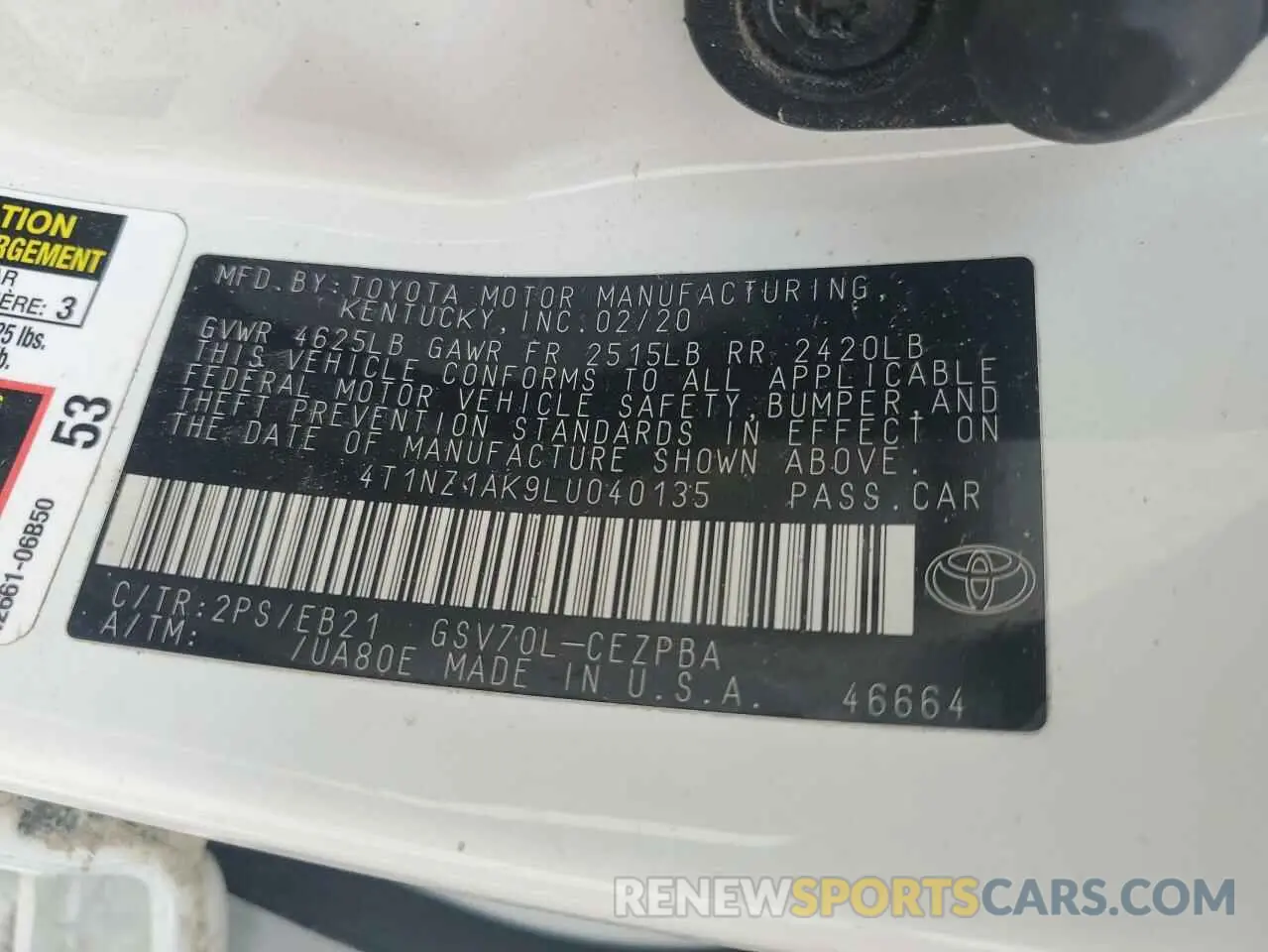 12 Photograph of a damaged car 4T1NZ1AK9LU040135 TOYOTA CAMRY 2020