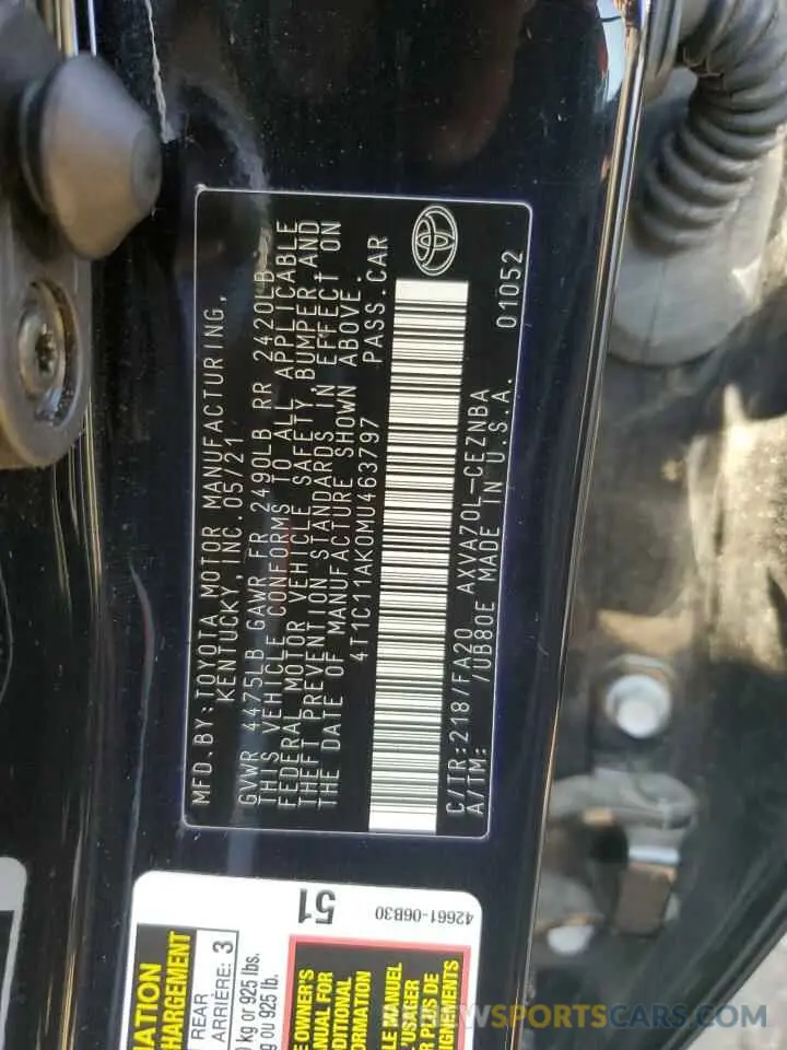 12 Photograph of a damaged car 4T1C11AK0MU463797 TOYOTA CAMRY 2021