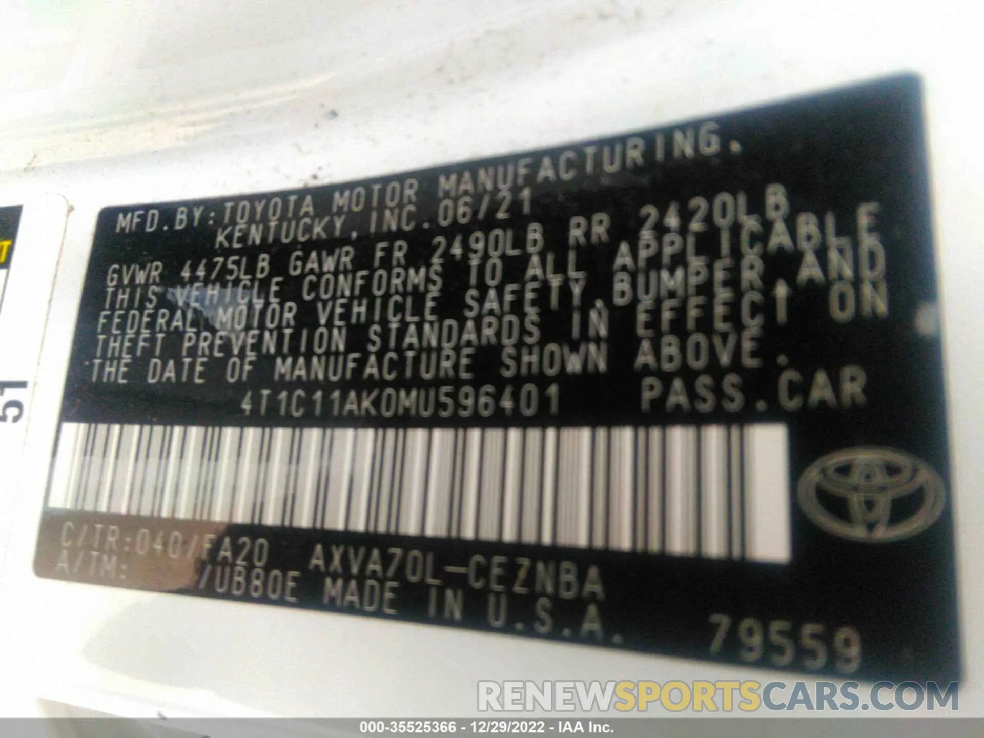 9 Photograph of a damaged car 4T1C11AK0MU596401 TOYOTA CAMRY 2021