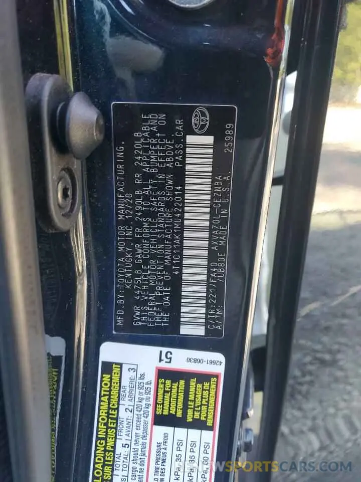 12 Photograph of a damaged car 4T1C11AK1MU422014 TOYOTA CAMRY 2021