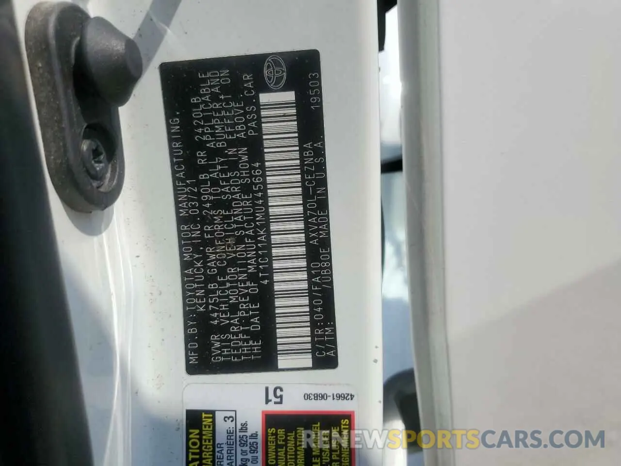 13 Photograph of a damaged car 4T1C11AK1MU445664 TOYOTA CAMRY 2021