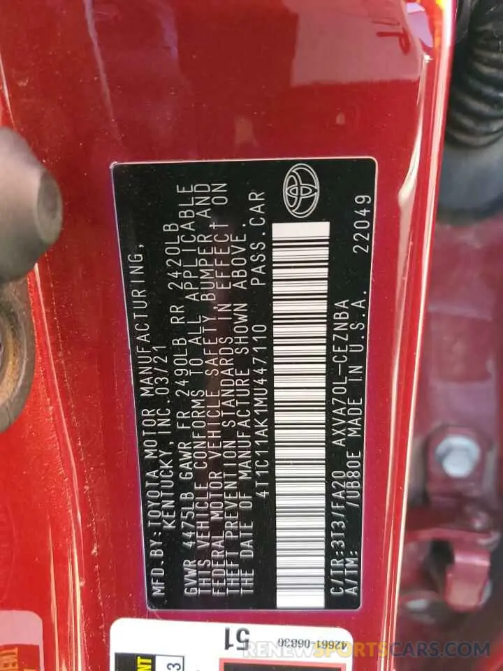 13 Photograph of a damaged car 4T1C11AK1MU447110 TOYOTA CAMRY 2021