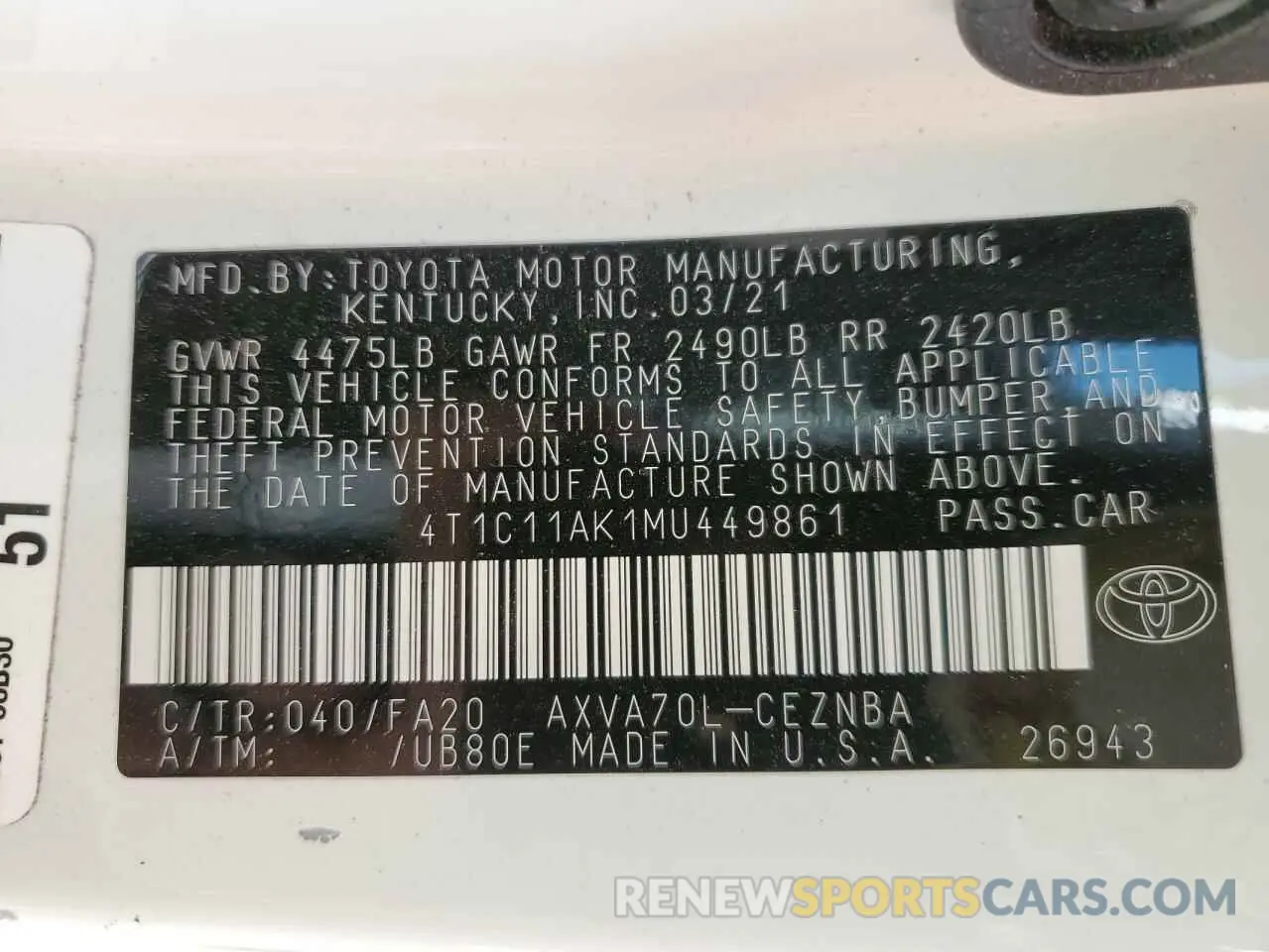 13 Photograph of a damaged car 4T1C11AK1MU449861 TOYOTA CAMRY 2021