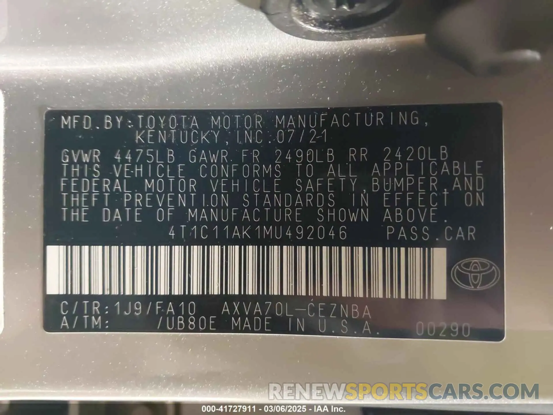 9 Photograph of a damaged car 4T1C11AK1MU492046 TOYOTA CAMRY 2021