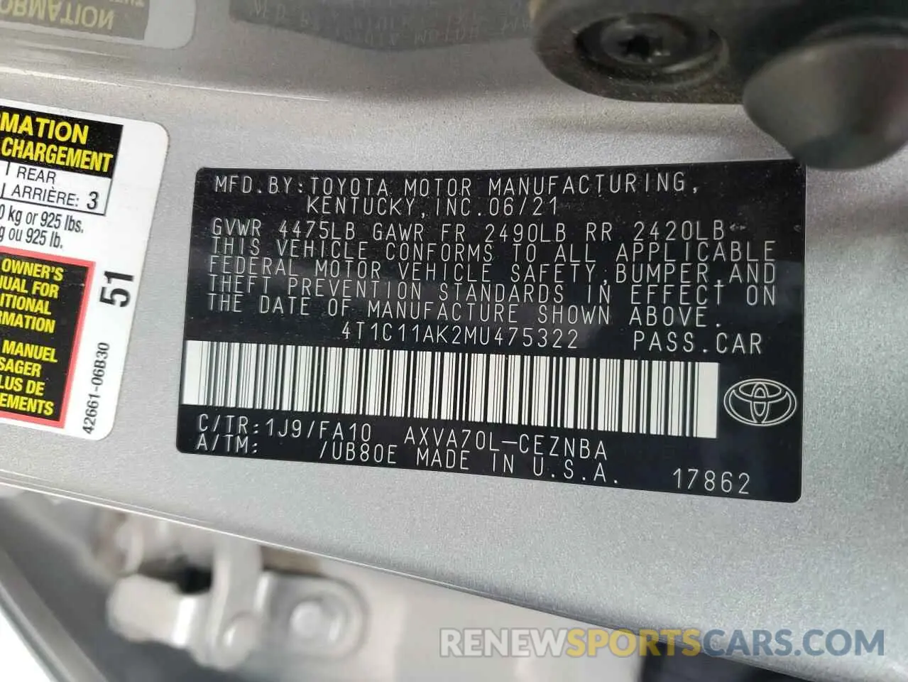 15 Photograph of a damaged car 4T1C11AK2MU475322 TOYOTA CAMRY 2021