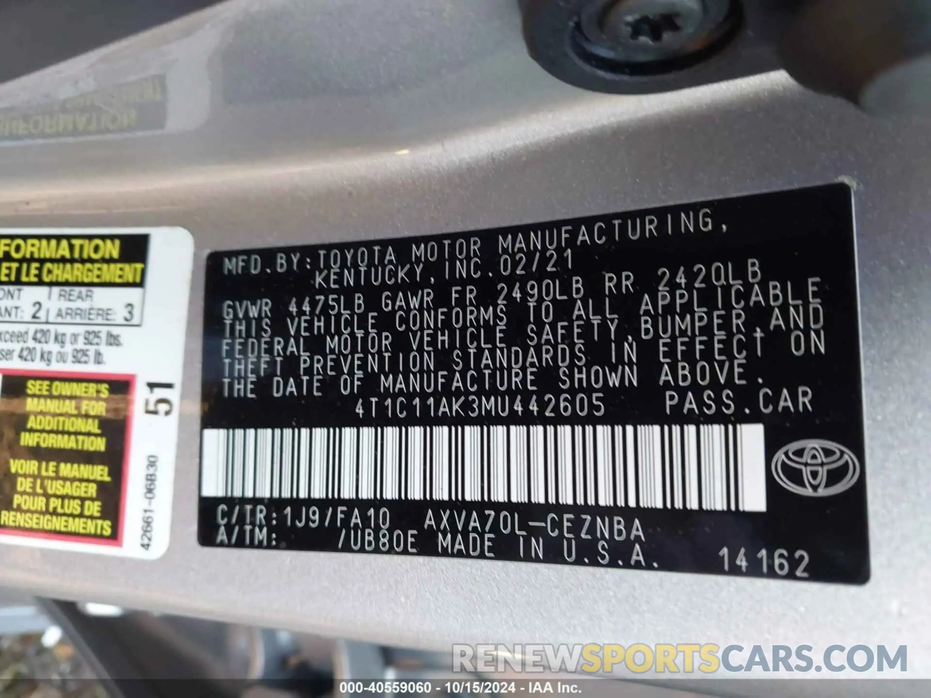 9 Photograph of a damaged car 4T1C11AK3MU442605 TOYOTA CAMRY 2021