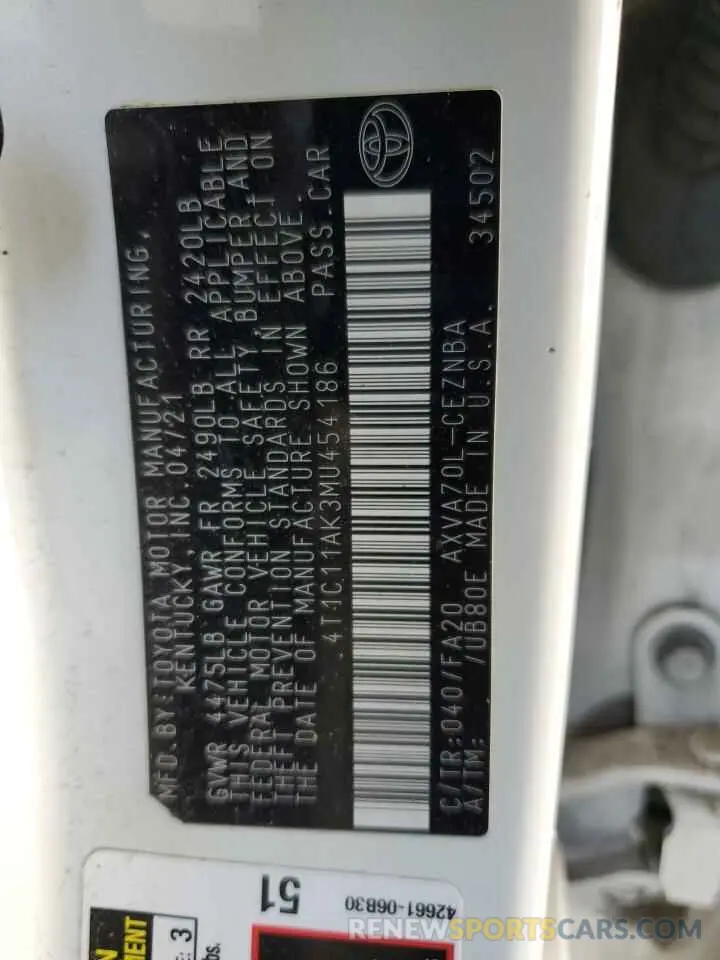 12 Photograph of a damaged car 4T1C11AK3MU454186 TOYOTA CAMRY 2021