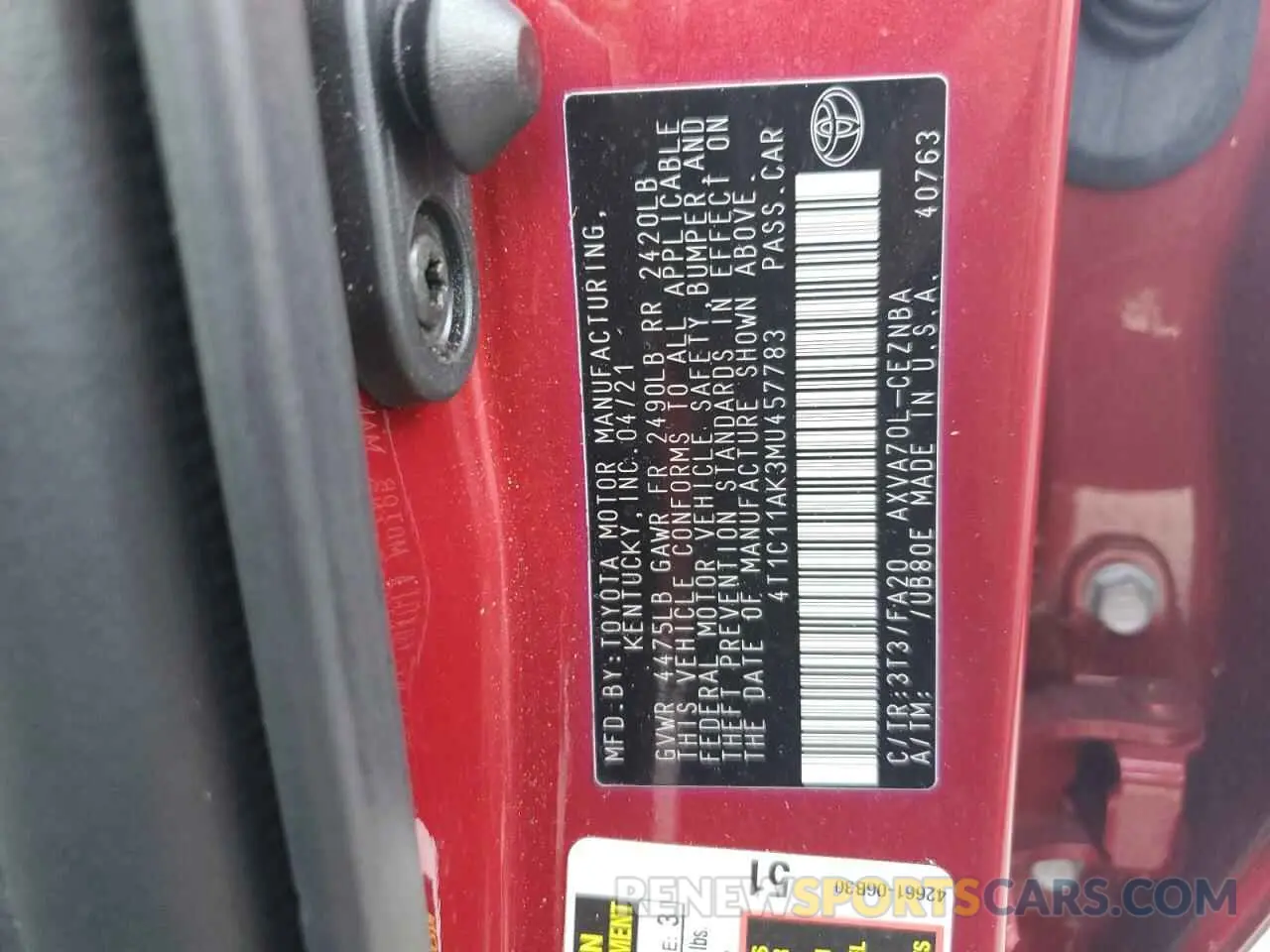 12 Photograph of a damaged car 4T1C11AK3MU457783 TOYOTA CAMRY 2021