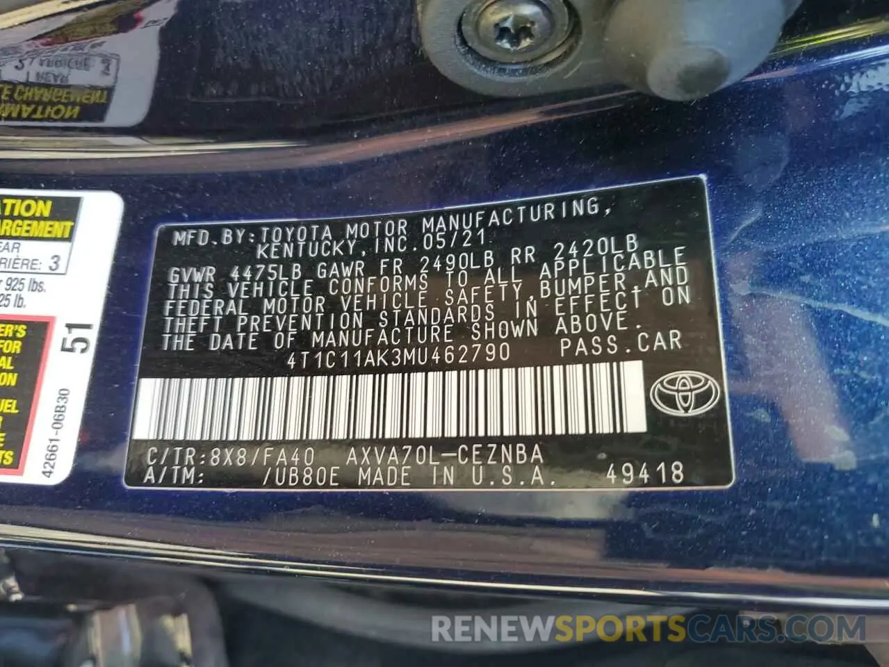 12 Photograph of a damaged car 4T1C11AK3MU462790 TOYOTA CAMRY 2021