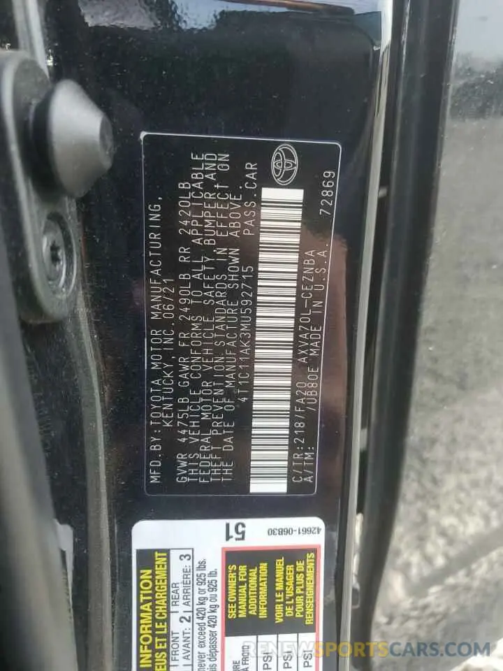 12 Photograph of a damaged car 4T1C11AK3MU592715 TOYOTA CAMRY 2021