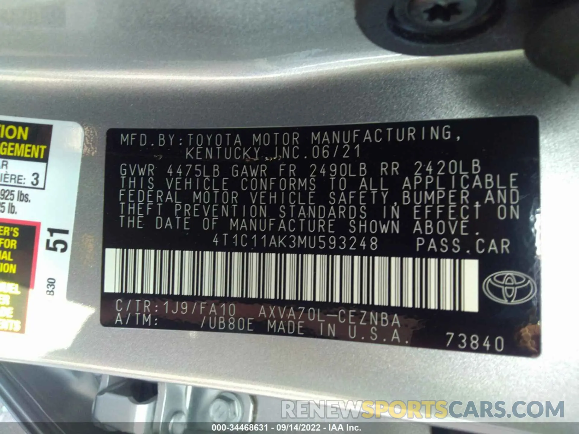9 Photograph of a damaged car 4T1C11AK3MU593248 TOYOTA CAMRY 2021