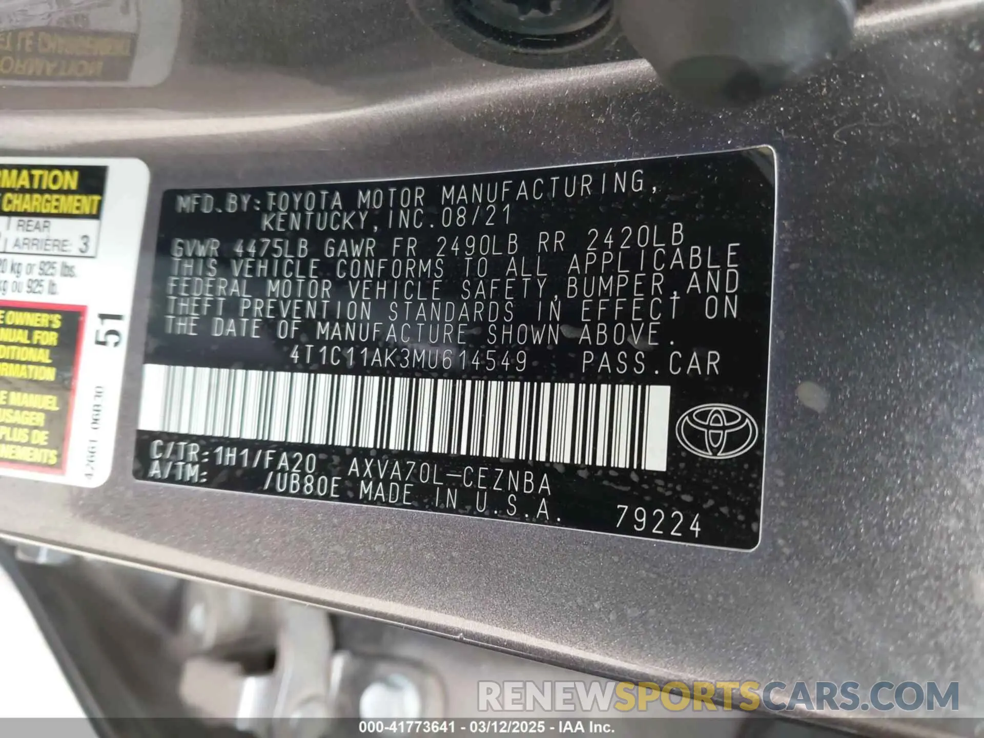 9 Photograph of a damaged car 4T1C11AK3MU614549 TOYOTA CAMRY 2021