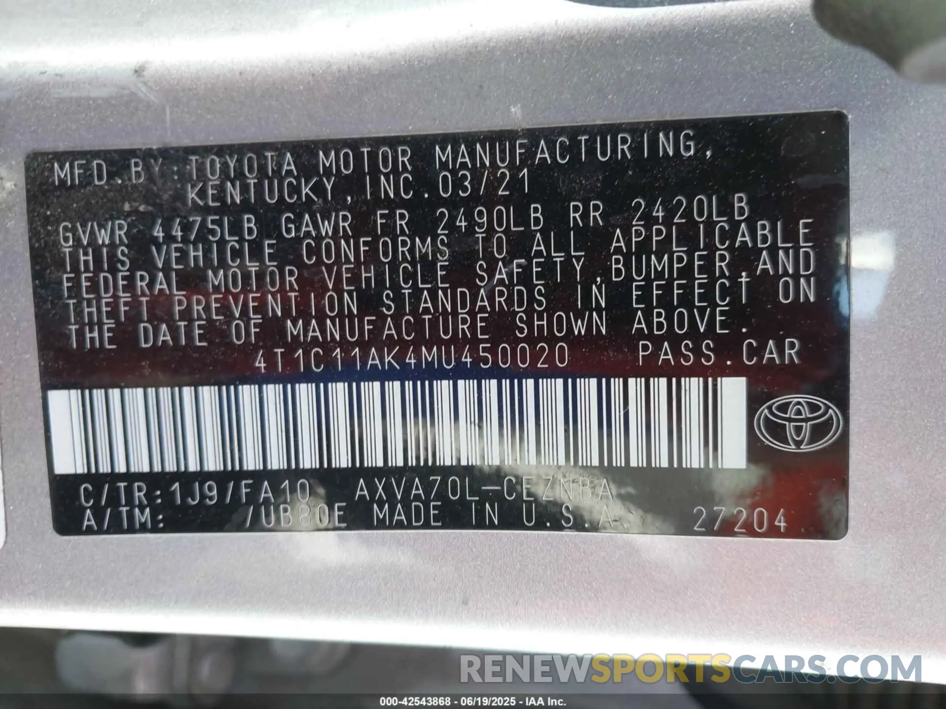 9 Photograph of a damaged car 4T1C11AK4MU450020 TOYOTA CAMRY 2021