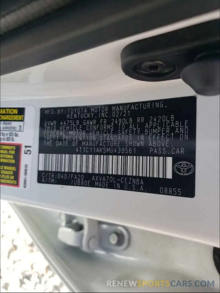 10 Photograph of a damaged car 4T1C11AK5MU439561 TOYOTA CAMRY 2021