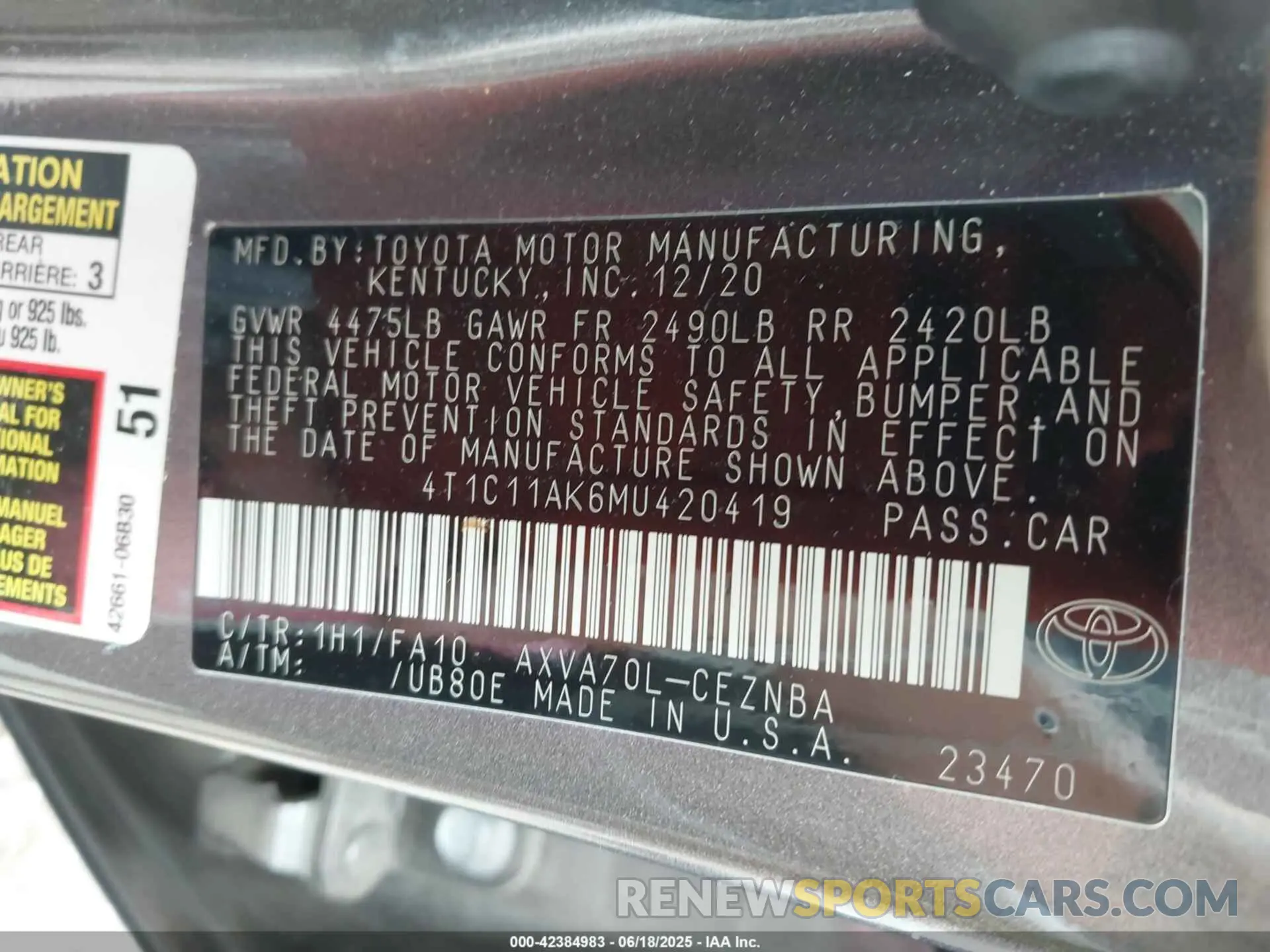 9 Photograph of a damaged car 4T1C11AK6MU420419 TOYOTA CAMRY 2021