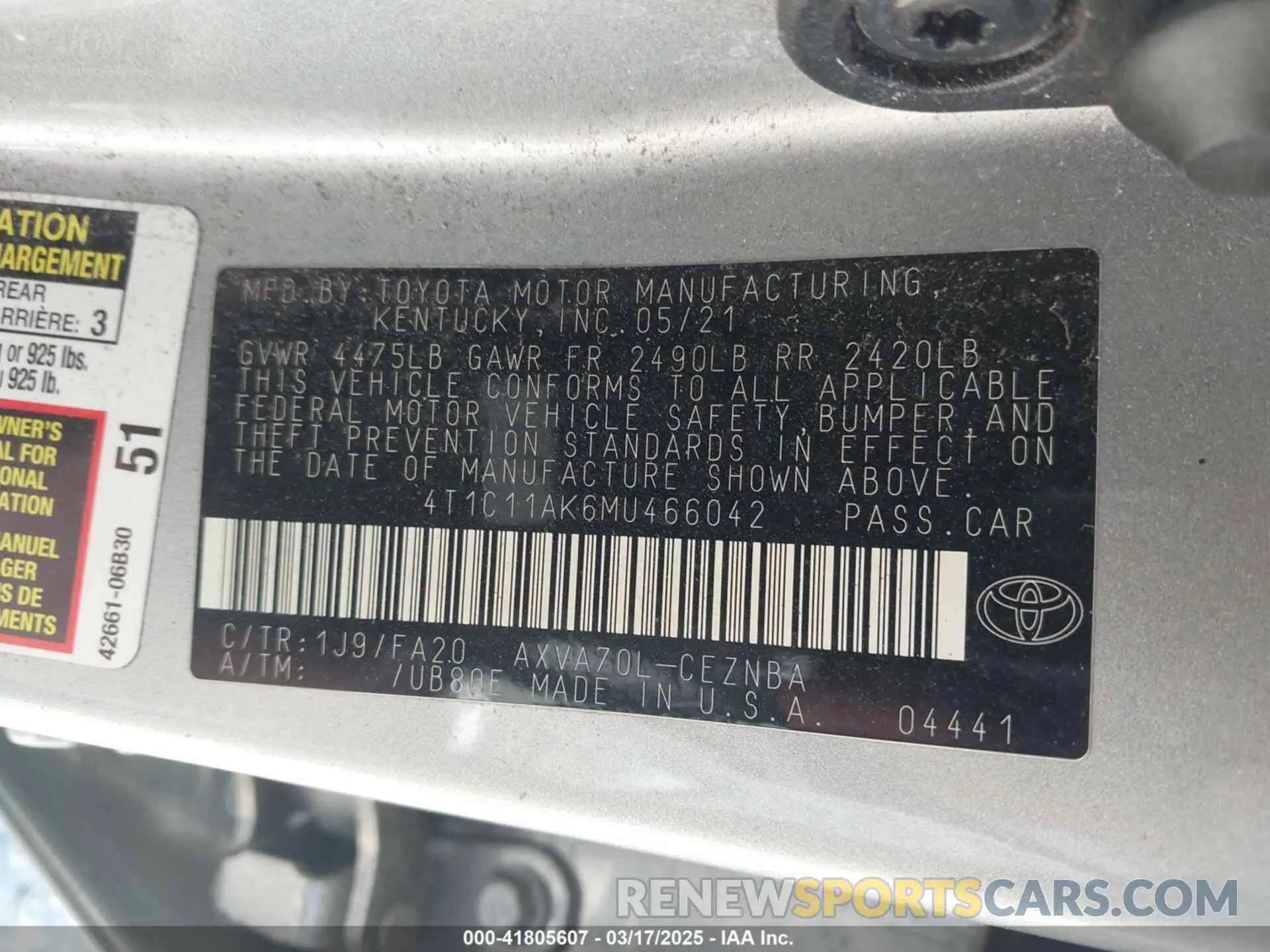 9 Photograph of a damaged car 4T1C11AK6MU466042 TOYOTA CAMRY 2021