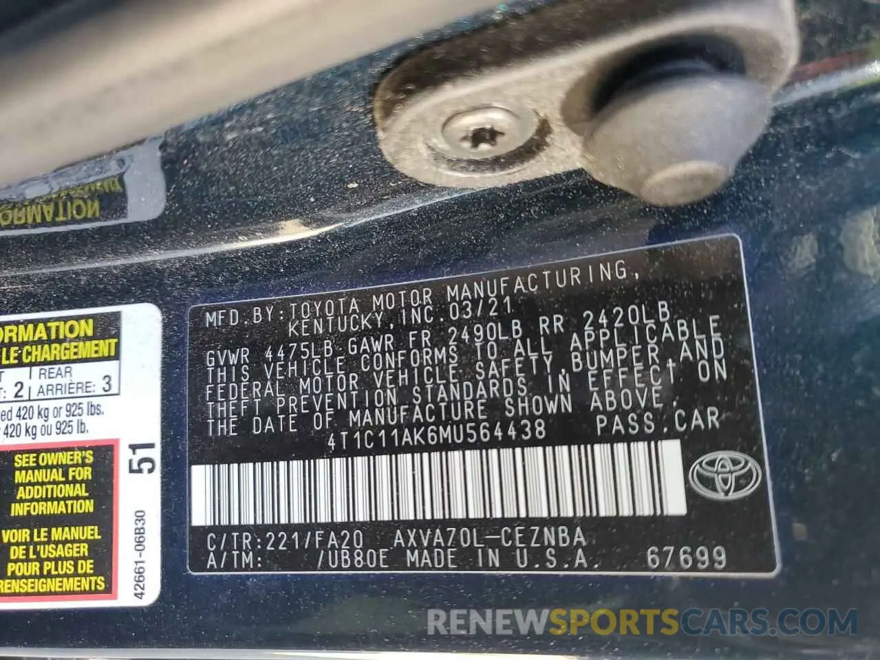 12 Photograph of a damaged car 4T1C11AK6MU564438 TOYOTA CAMRY 2021