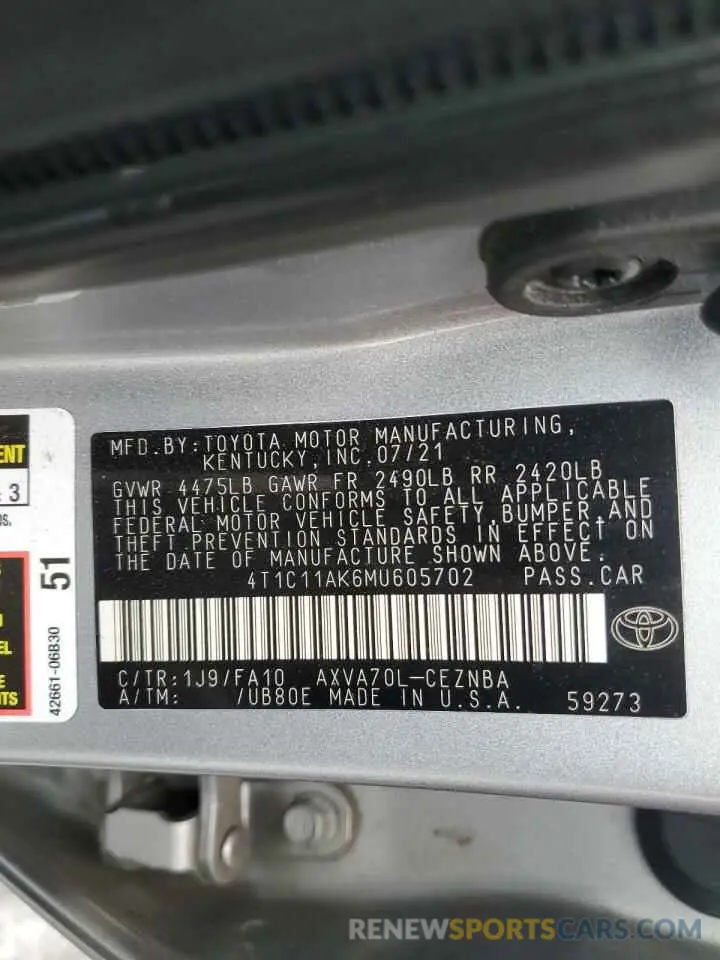14 Photograph of a damaged car 4T1C11AK6MU605702 TOYOTA CAMRY 2021