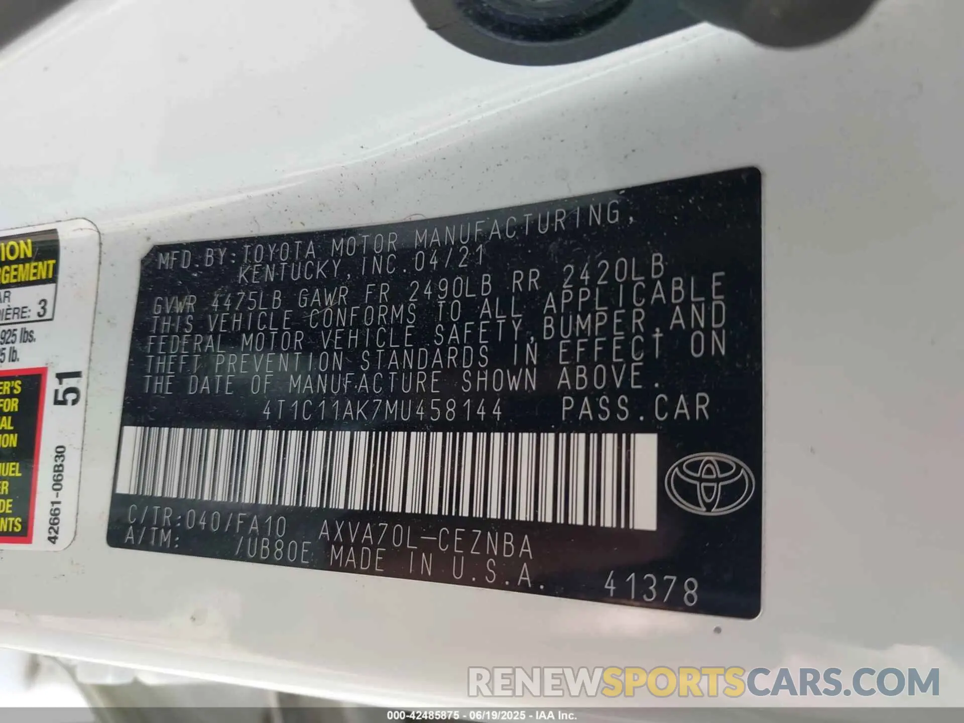 9 Photograph of a damaged car 4T1C11AK7MU458144 TOYOTA CAMRY 2021