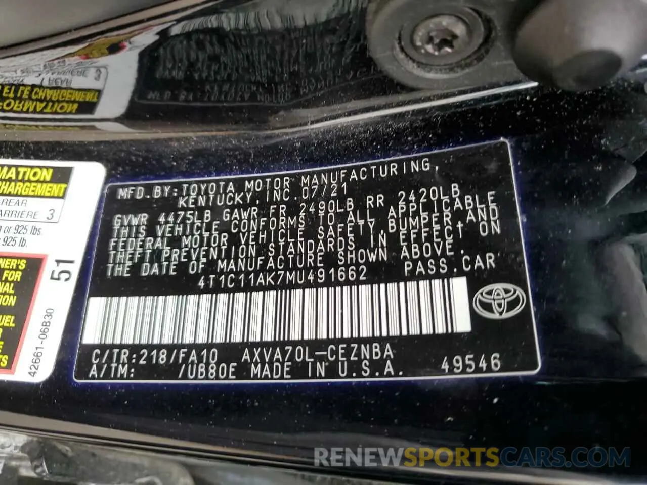 12 Photograph of a damaged car 4T1C11AK7MU491662 TOYOTA CAMRY 2021