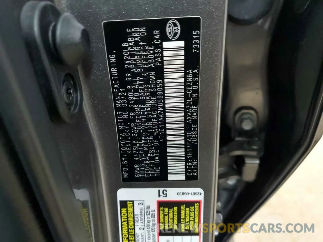 12 Photograph of a damaged car 4T1C11AK7MU568059 TOYOTA CAMRY 2021