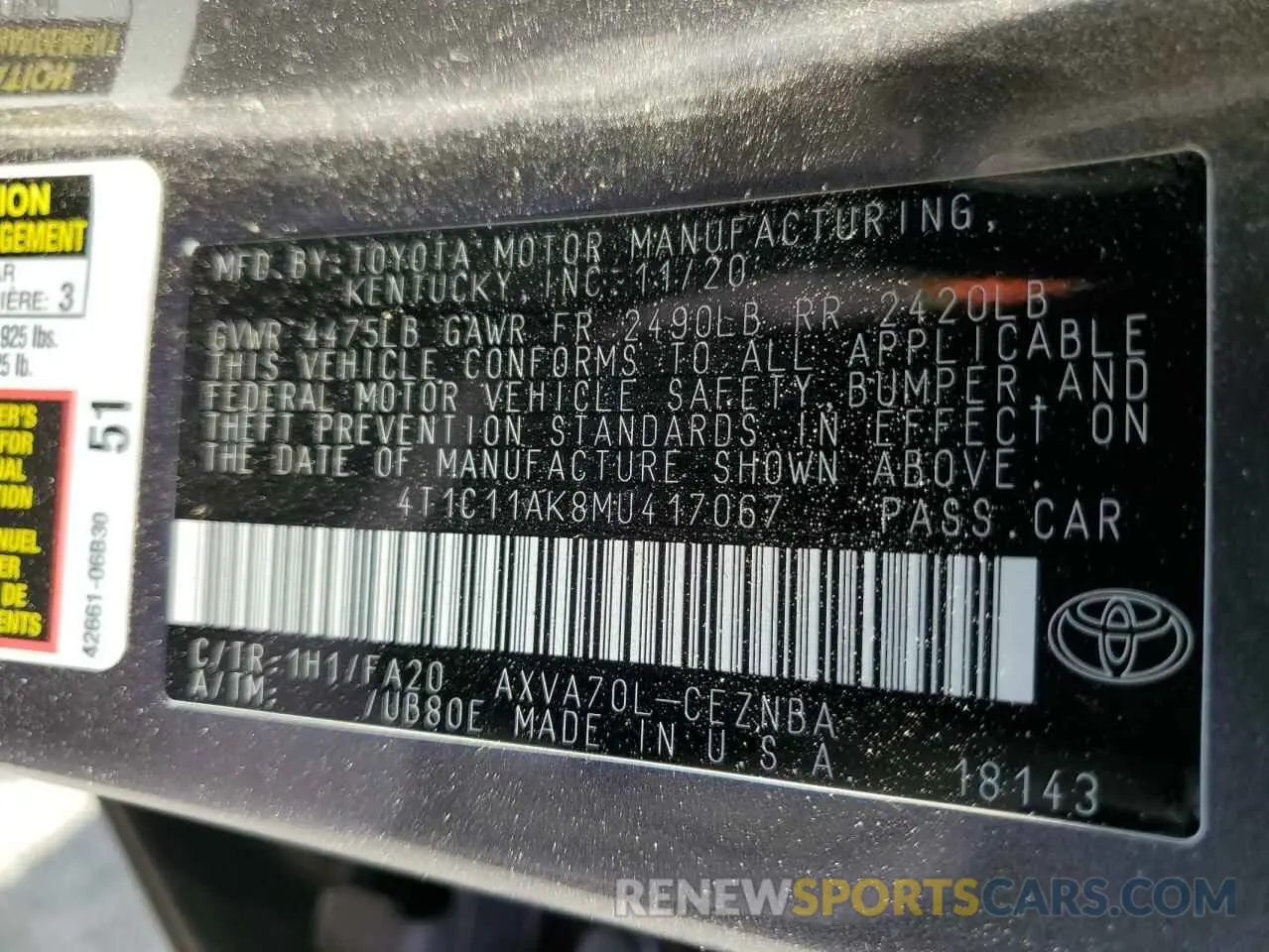 15 Photograph of a damaged car 4T1C11AK8MU417067 TOYOTA CAMRY 2021
