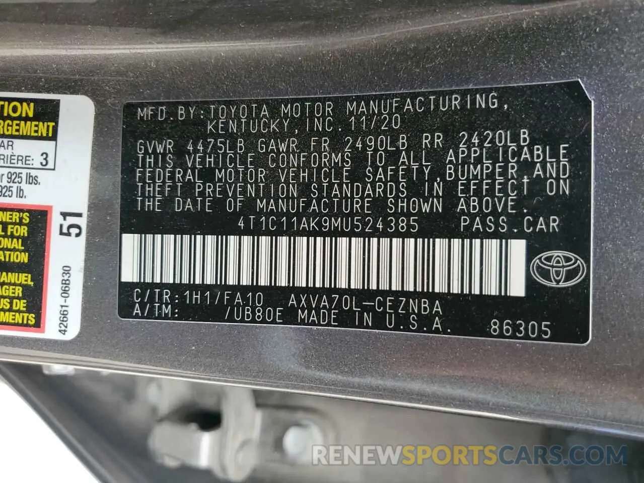 12 Photograph of a damaged car 4T1C11AK9MU524385 TOYOTA CAMRY 2021