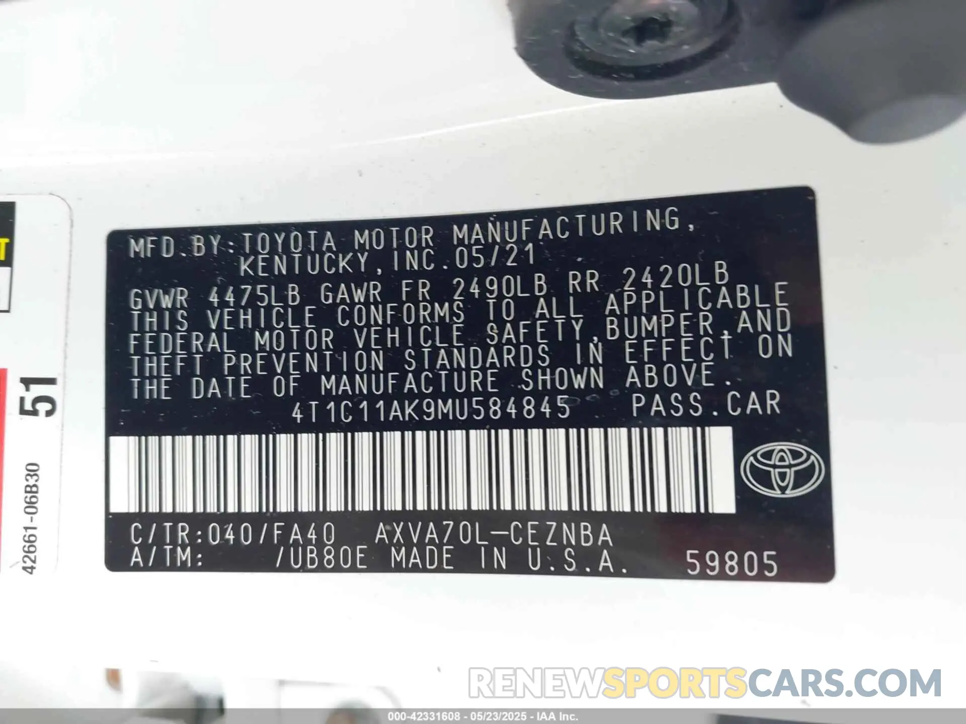 9 Photograph of a damaged car 4T1C11AK9MU584845 TOYOTA CAMRY 2021