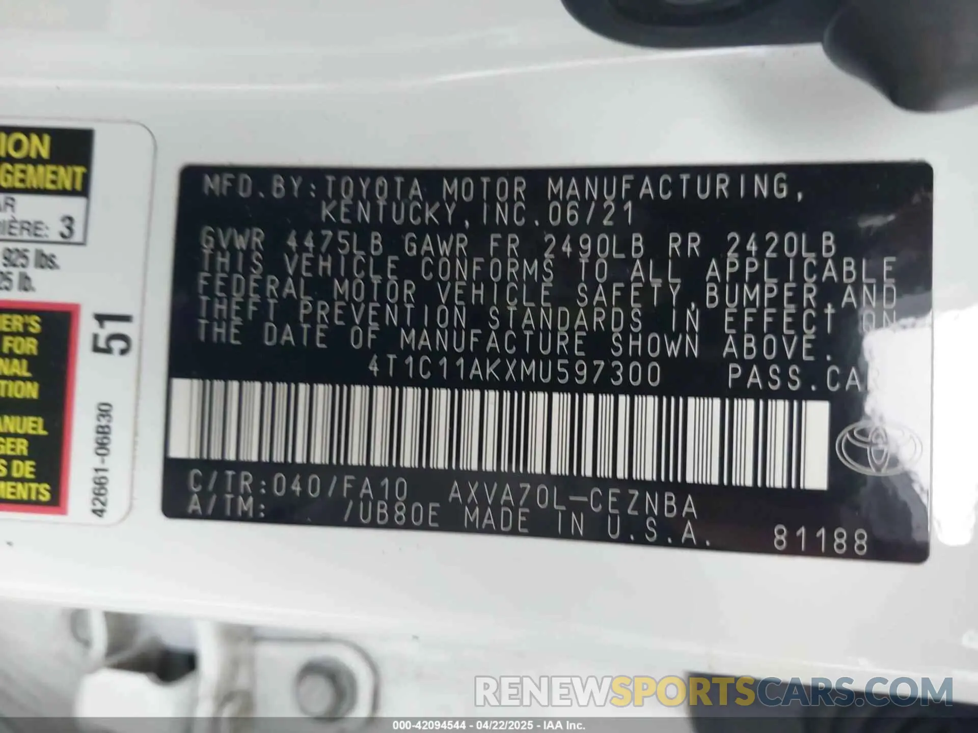 9 Photograph of a damaged car 4T1C11AKXMU597300 TOYOTA CAMRY 2021