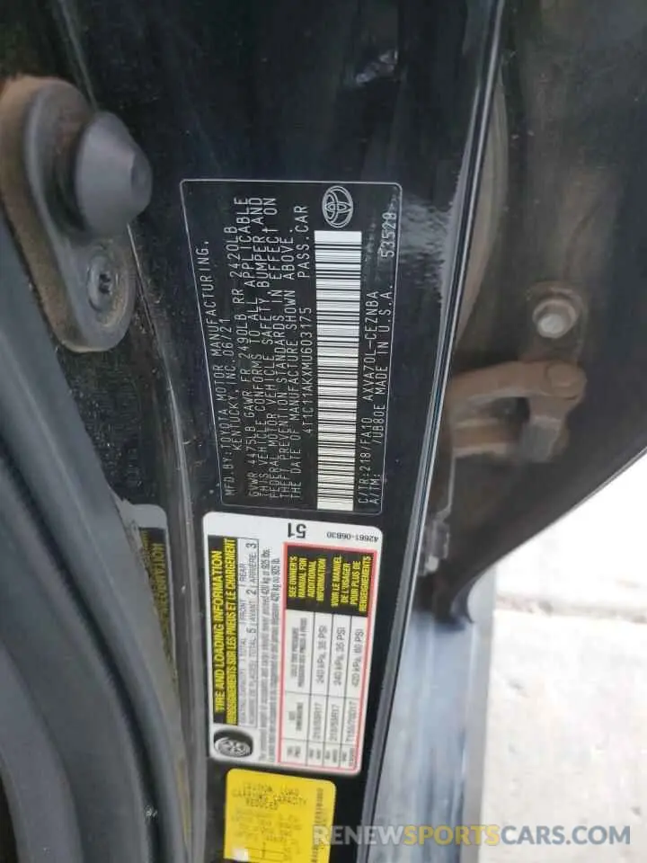 12 Photograph of a damaged car 4T1C11AKXMU603175 TOYOTA CAMRY 2021