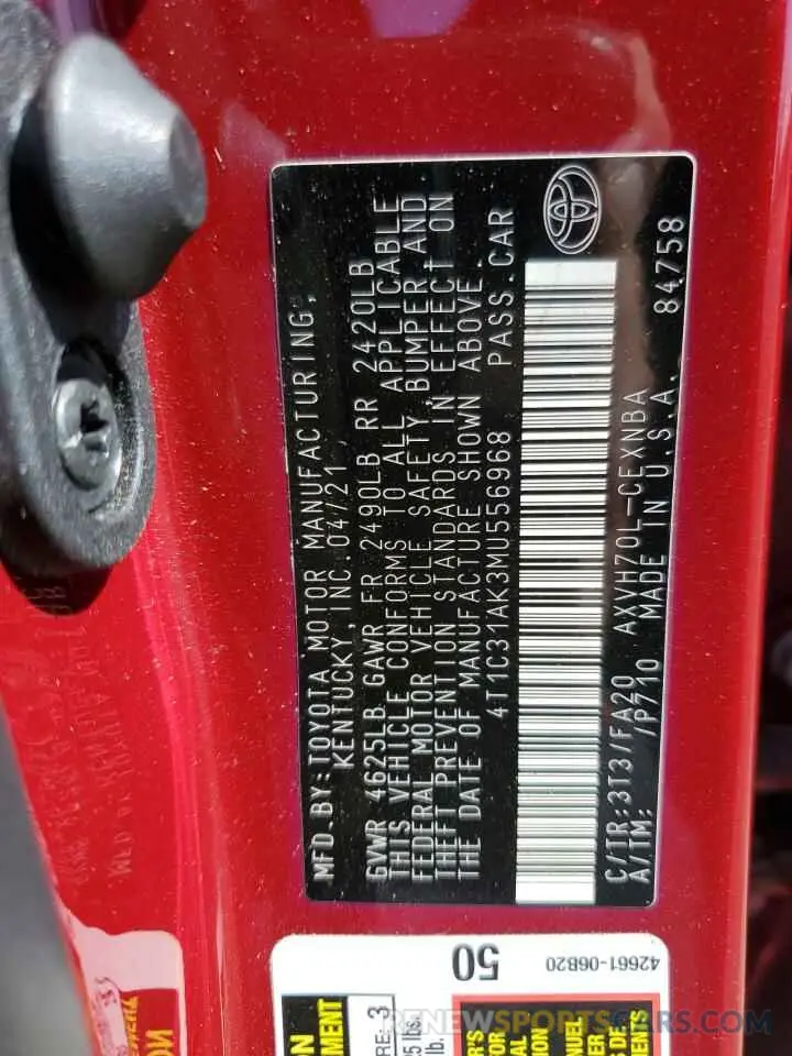 12 Photograph of a damaged car 4T1C31AK3MU556968 TOYOTA CAMRY 2021