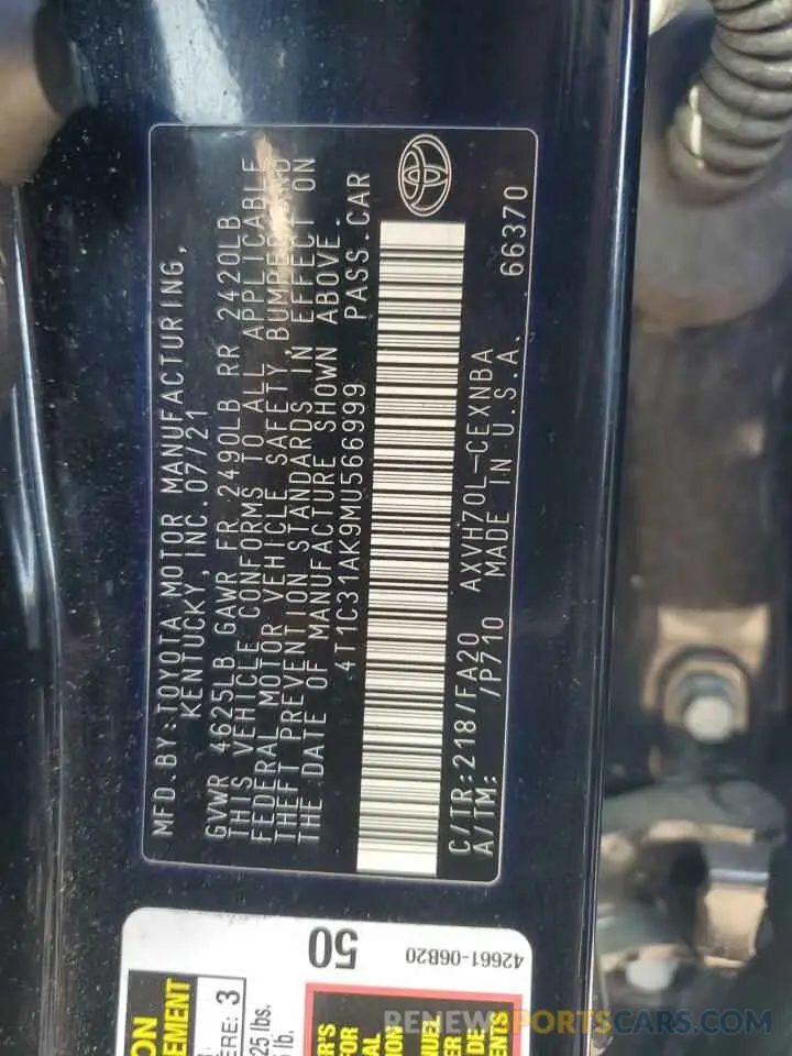13 Photograph of a damaged car 4T1C31AK9MU566999 TOYOTA CAMRY 2021