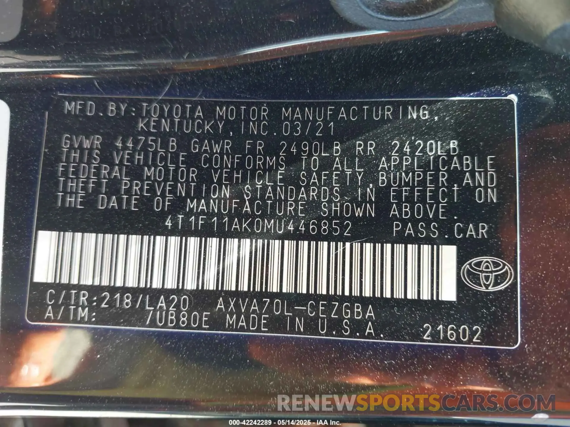 9 Photograph of a damaged car 4T1F11AK0MU446852 TOYOTA CAMRY 2021