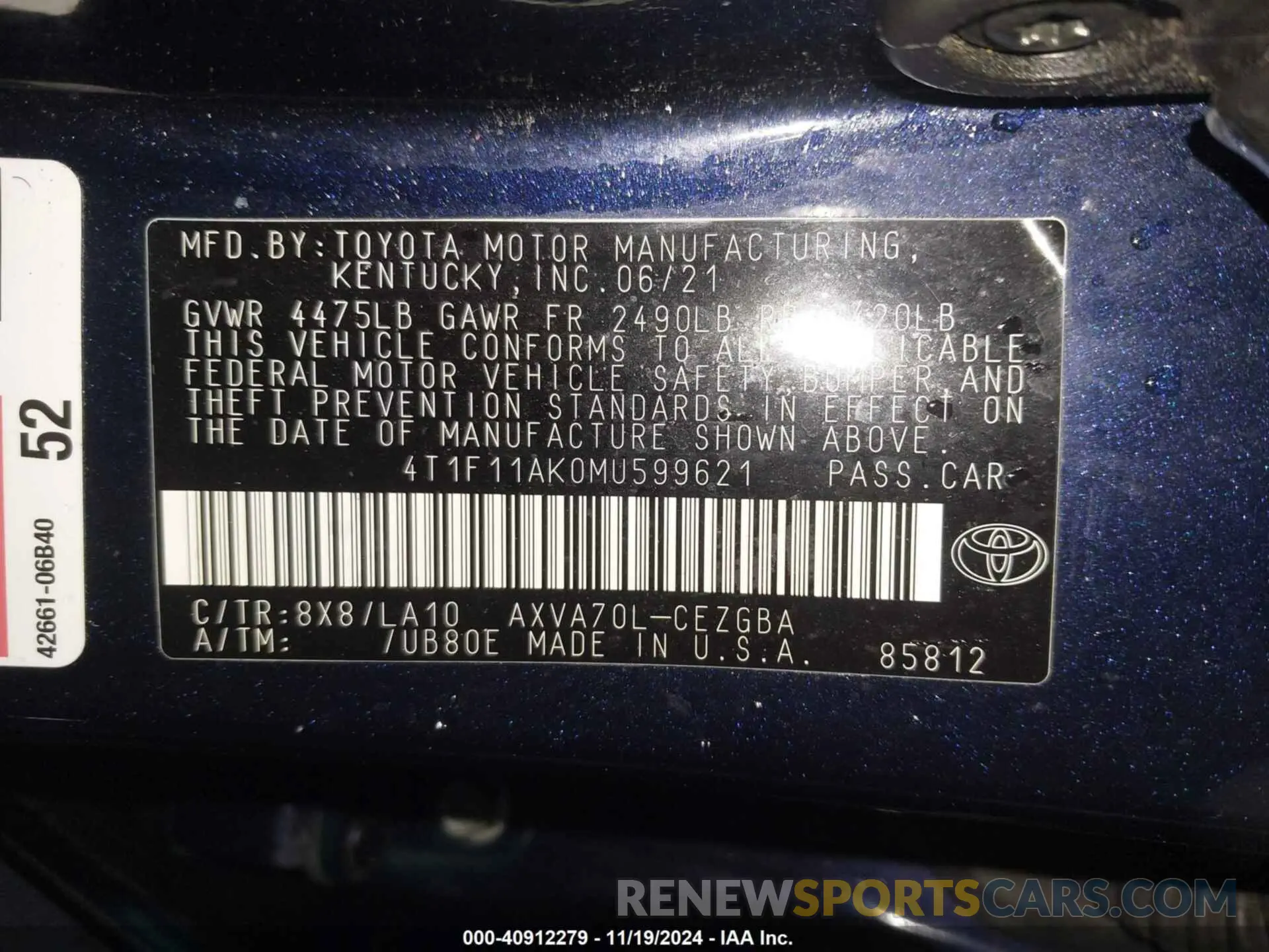 9 Photograph of a damaged car 4T1F11AK0MU599621 TOYOTA CAMRY 2021