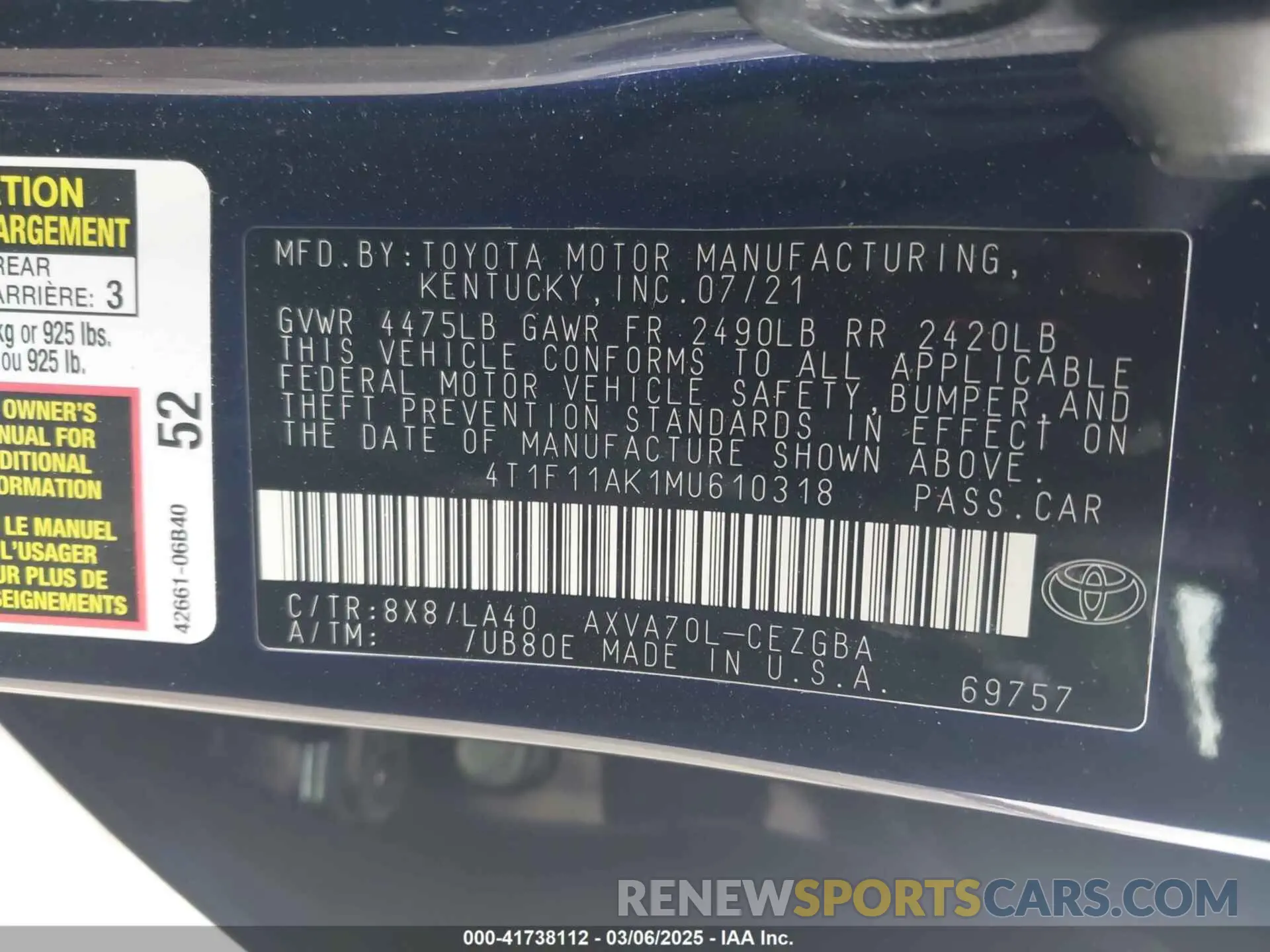 9 Photograph of a damaged car 4T1F11AK1MU610318 TOYOTA CAMRY 2021