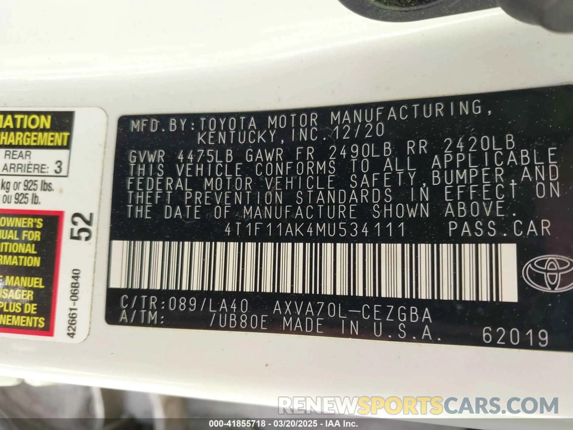 9 Photograph of a damaged car 4T1F11AK4MU534111 TOYOTA CAMRY 2021