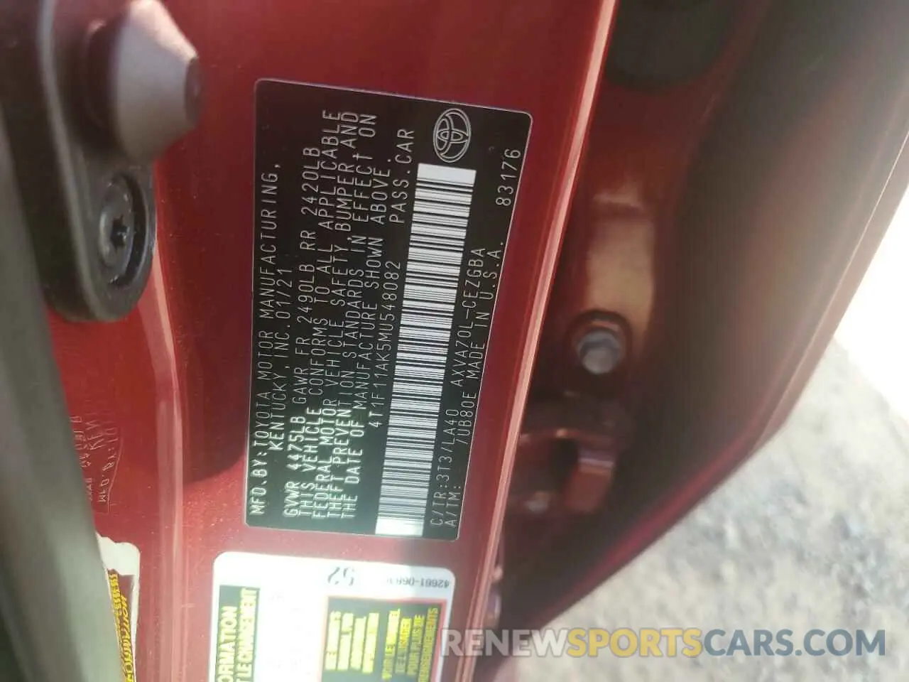 12 Photograph of a damaged car 4T1F11AK5MU548082 TOYOTA CAMRY 2021