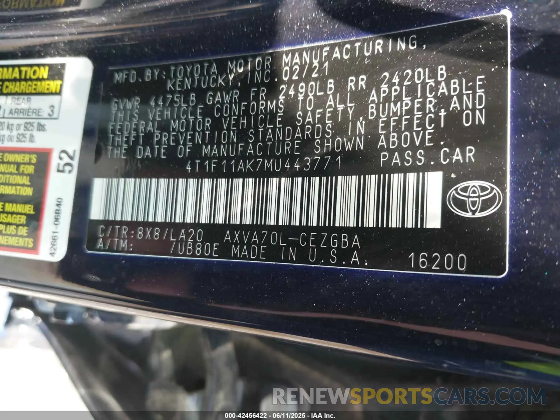 9 Photograph of a damaged car 4T1F11AK7MU443771 TOYOTA CAMRY 2021