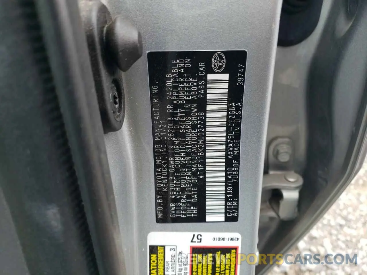 12 Photograph of a damaged car 4T1F11BK2MU027738 TOYOTA CAMRY 2021