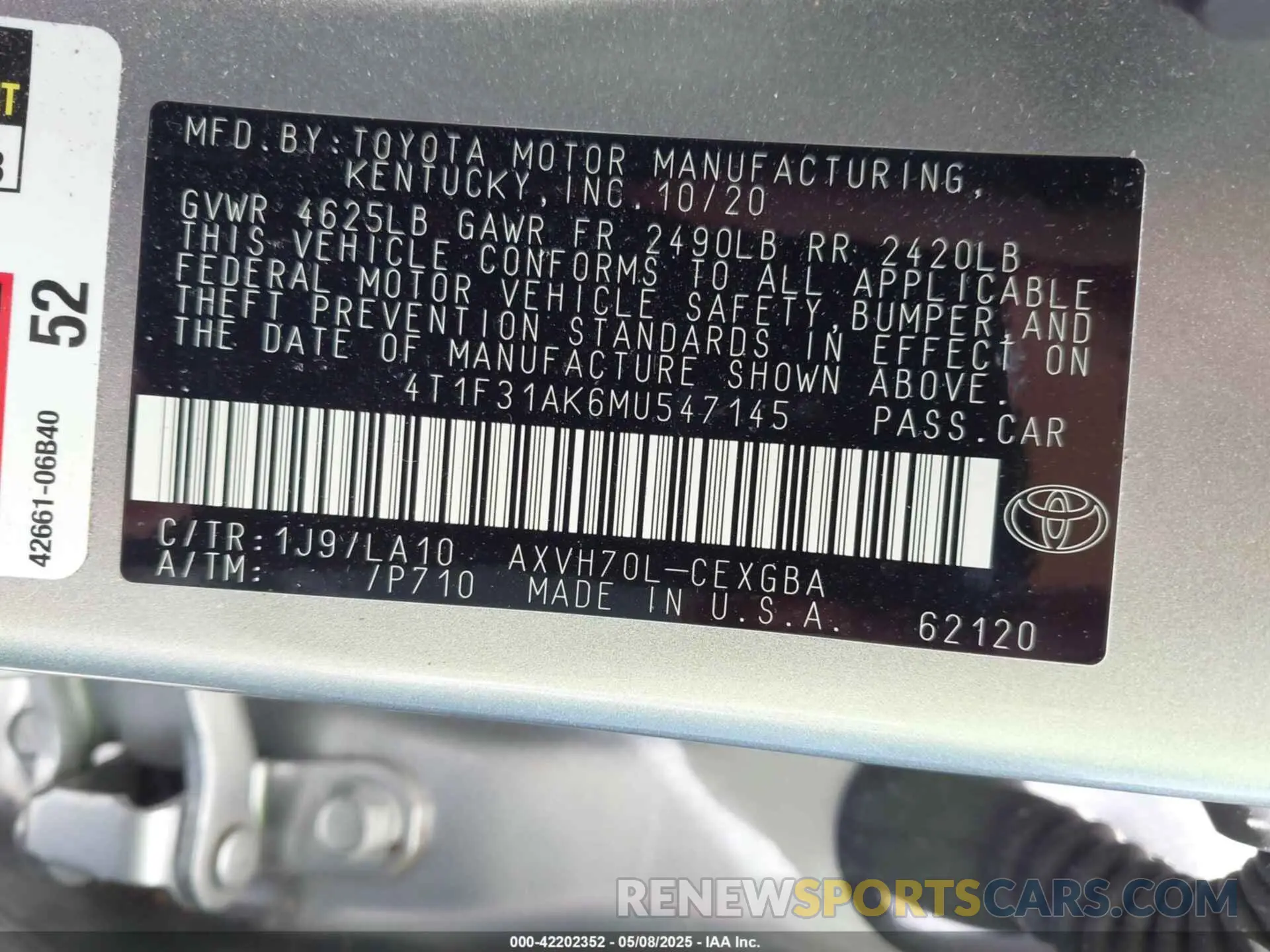 9 Photograph of a damaged car 4T1F31AK6MU547145 TOYOTA CAMRY 2021