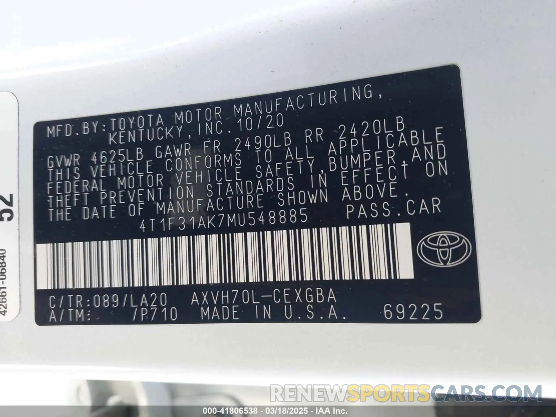 9 Photograph of a damaged car 4T1F31AK7MU548885 TOYOTA CAMRY 2021