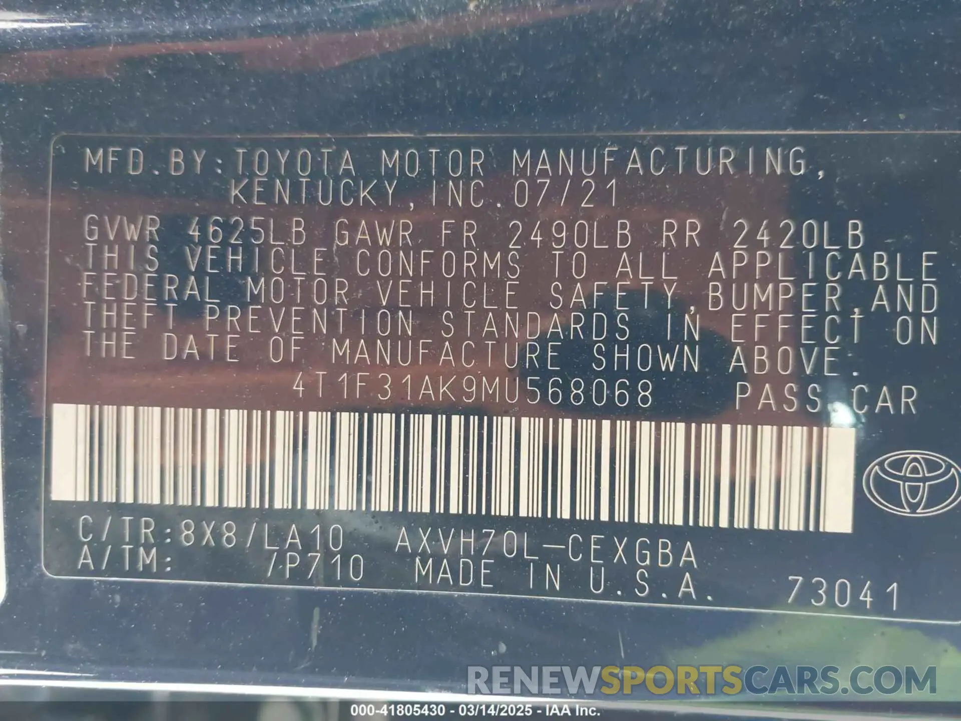 9 Photograph of a damaged car 4T1F31AK9MU568068 TOYOTA CAMRY 2021