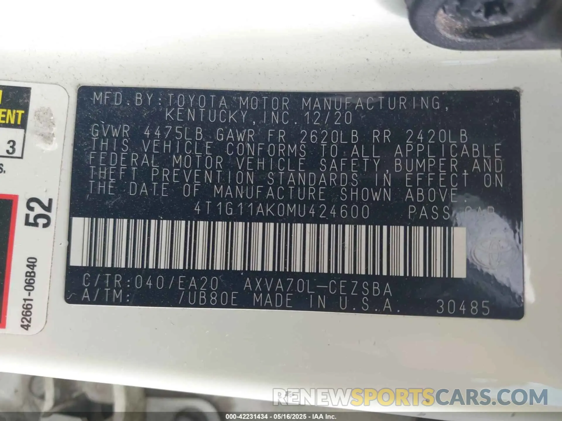 9 Photograph of a damaged car 4T1G11AK0MU424600 TOYOTA CAMRY 2021