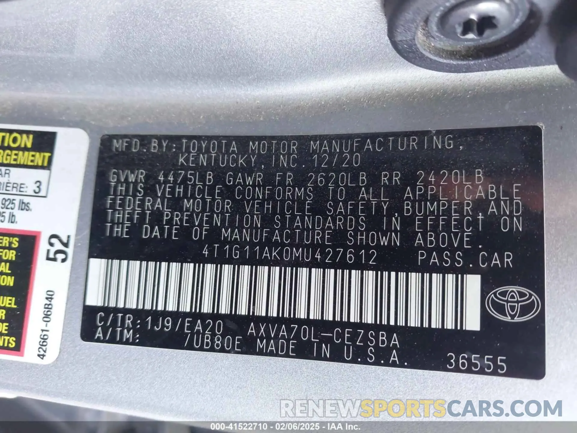 9 Photograph of a damaged car 4T1G11AK0MU427612 TOYOTA CAMRY 2021