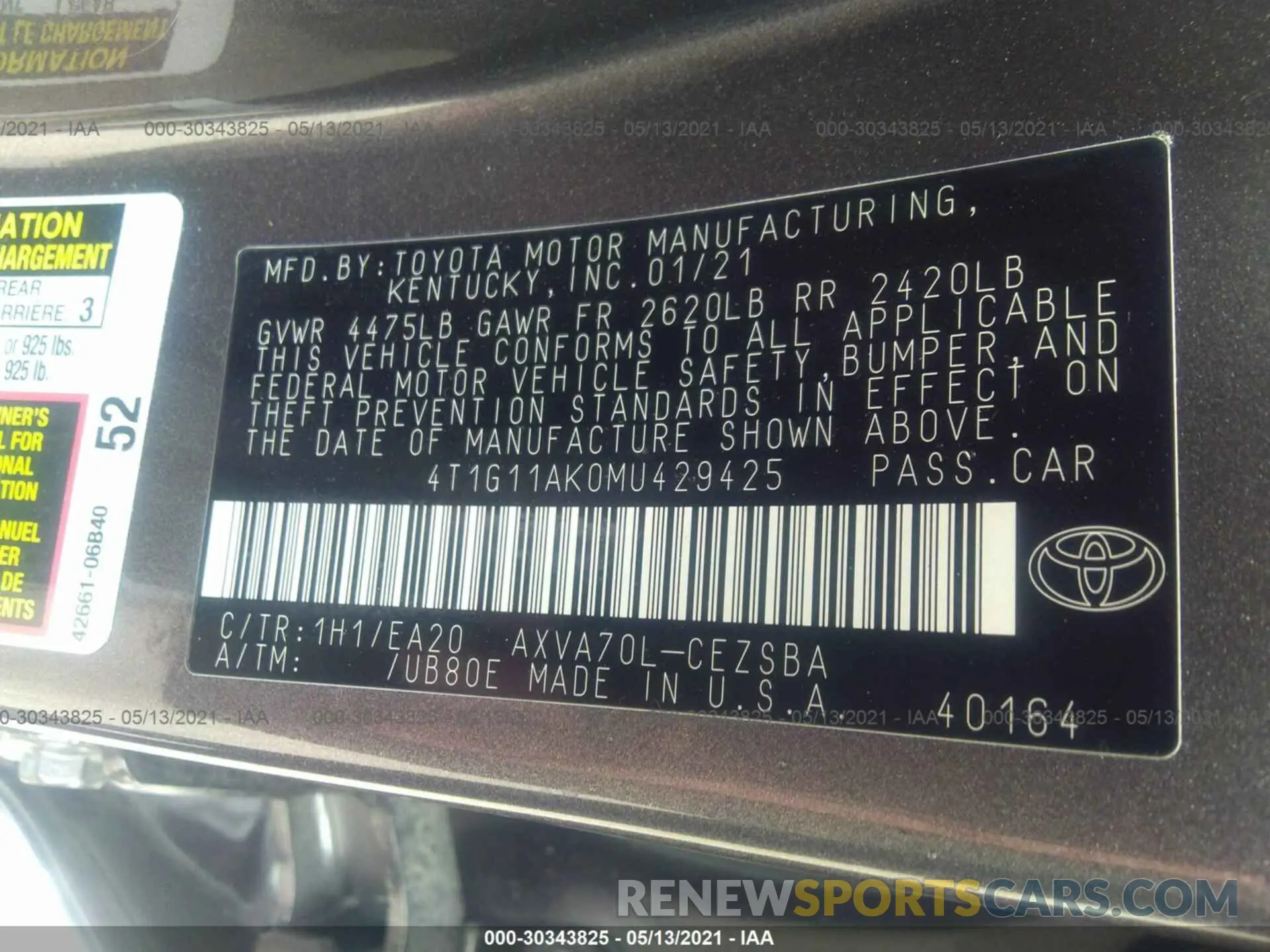 9 Photograph of a damaged car 4T1G11AK0MU429425 TOYOTA CAMRY 2021