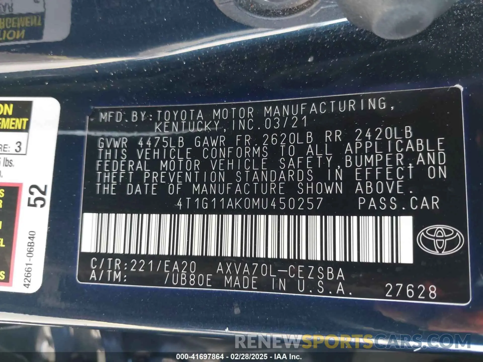 9 Photograph of a damaged car 4T1G11AK0MU450257 TOYOTA CAMRY 2021