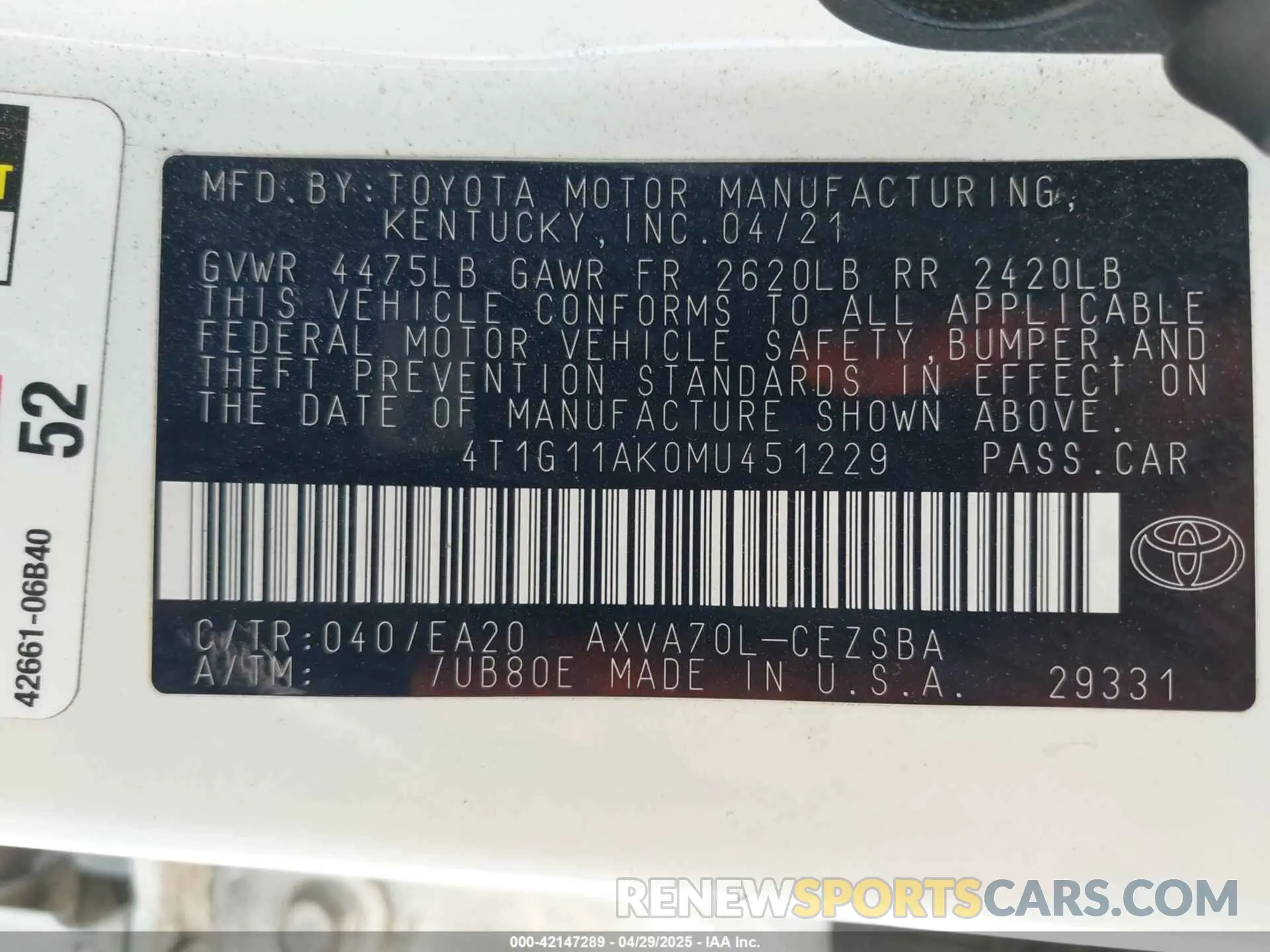 9 Photograph of a damaged car 4T1G11AK0MU451229 TOYOTA CAMRY 2021